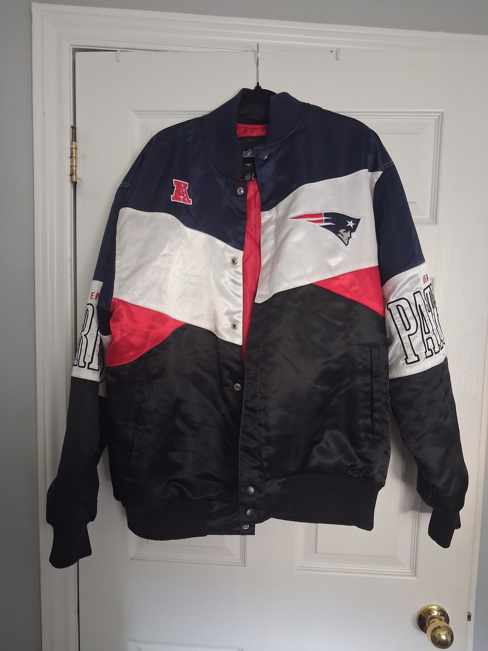 NFL New England Patriots Satin Colorblock Bomber Jacket - Navy/White/Red/Black